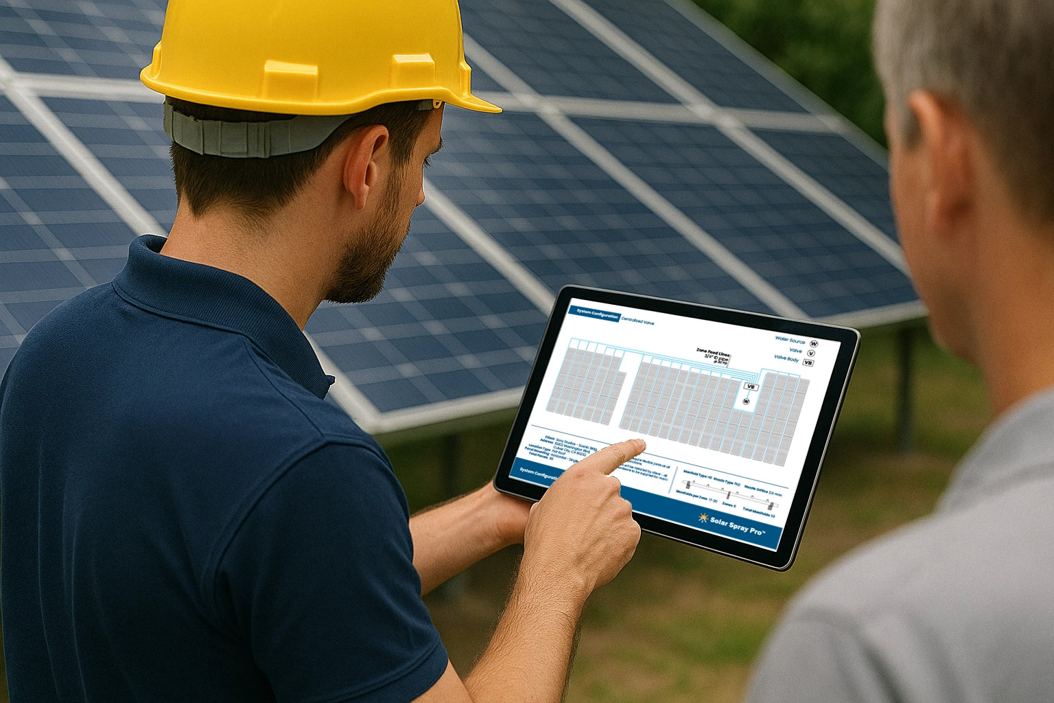 Solar technician in hard hat points at a green tablet screen displaying a solar panel cleaning system schematic while consulting with a client at an outdoor installation site.